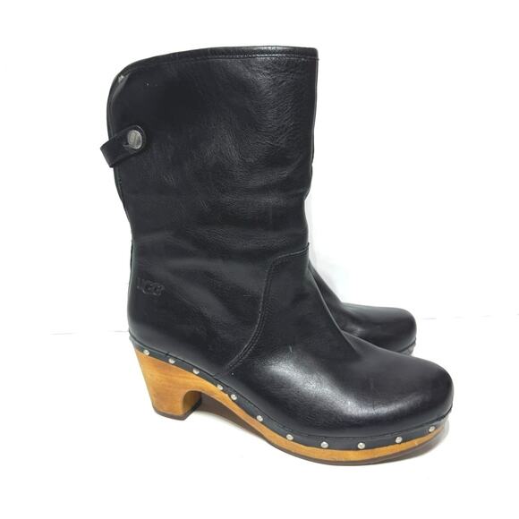 Ugg Lynnea 1958 Women’s Black Leather Wool Lined Heeled Boots Size 7 - Picture 5 of 12